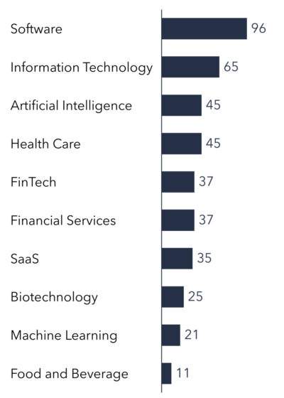 Top 10 industries of financed startups according to the number of conducted investments June 2023.